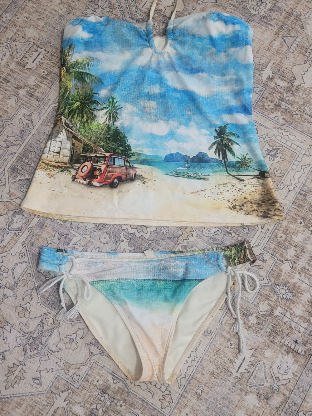 Hobie Tropical Beach Print Tankini Set - Blue, Cream, Green